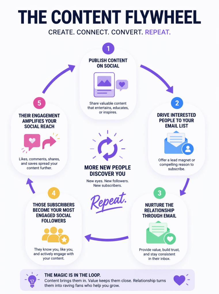 How to Build an Audience Online That the Algorithm Can't Take Away From You a circular flywheel diagram showing how publishing social content drives people to an email list, which nurtures relationships, turns subscribers into engaged followers, whose amplified engagement expands social reach, attracting new audiences in a repeating cycle